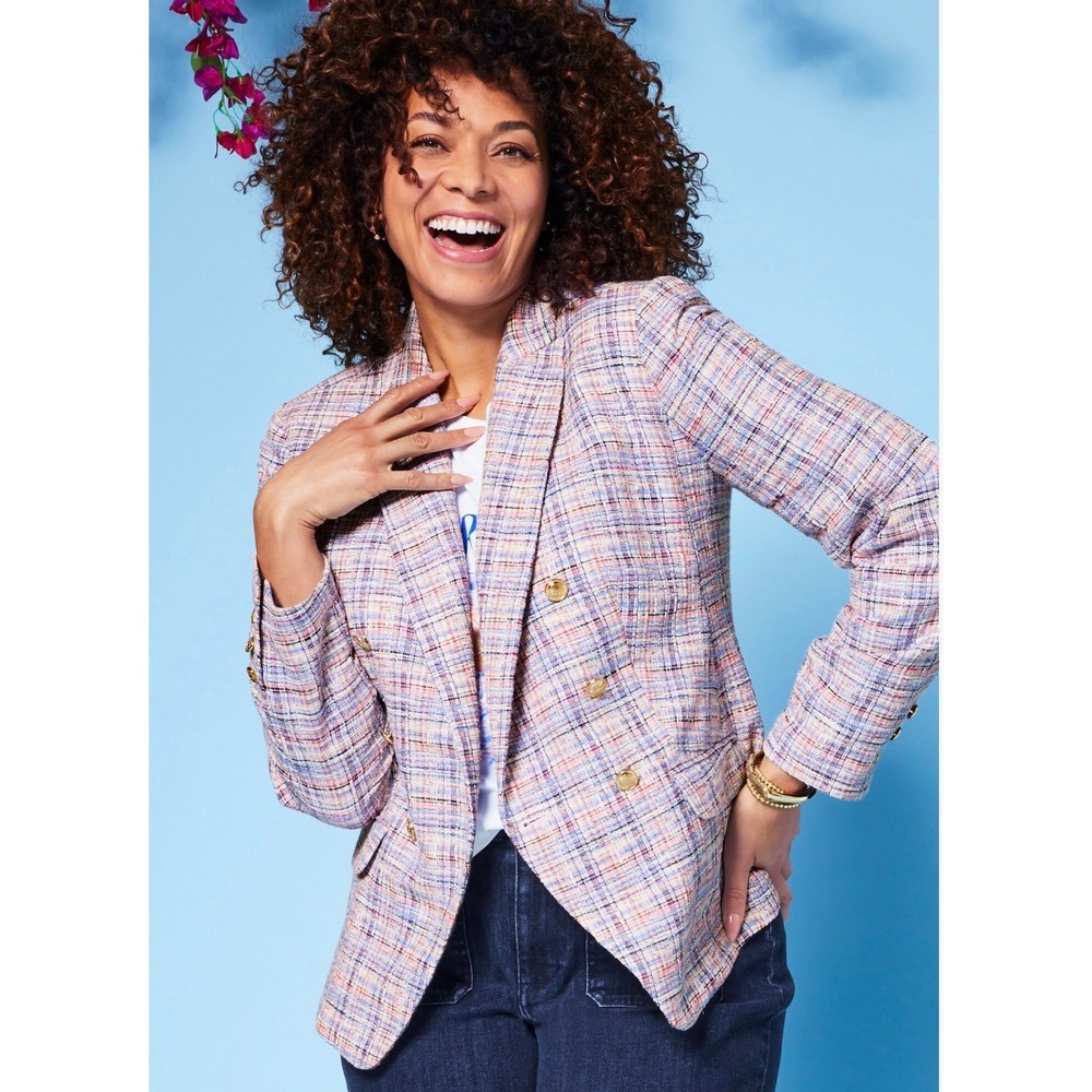 Talbots Petite Multi Color Tweed Double Breasted Blazer Pink Blue Gold Button 4P
